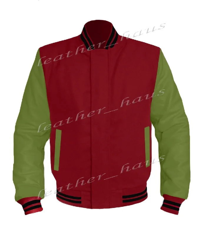 Original American Varsity Green Leather Sleeve Letterman College Baseball Women Wool Jackets #GRSL-BSTR-BZ Boat Neck Shawl Collar Notched Collar