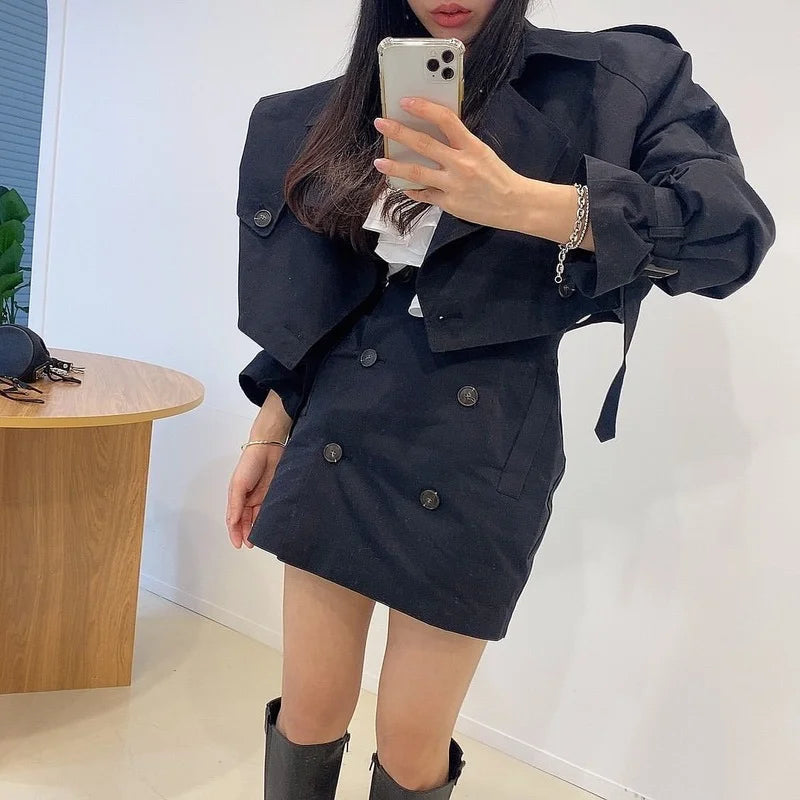 Yipinpay Vintage Long Sleeve Lapel Double-breasted Trench Coat Women Short Khaki Cardigan Tops Sexy Black Mini Skirts Dress Sets Suits Hooded Caped Shawl Collar