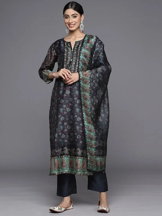 varanga-women-blue-floral-printed-regular-chanderi-silk-kurta-with-trousers-with-dupatta Trousers Striped Patterned