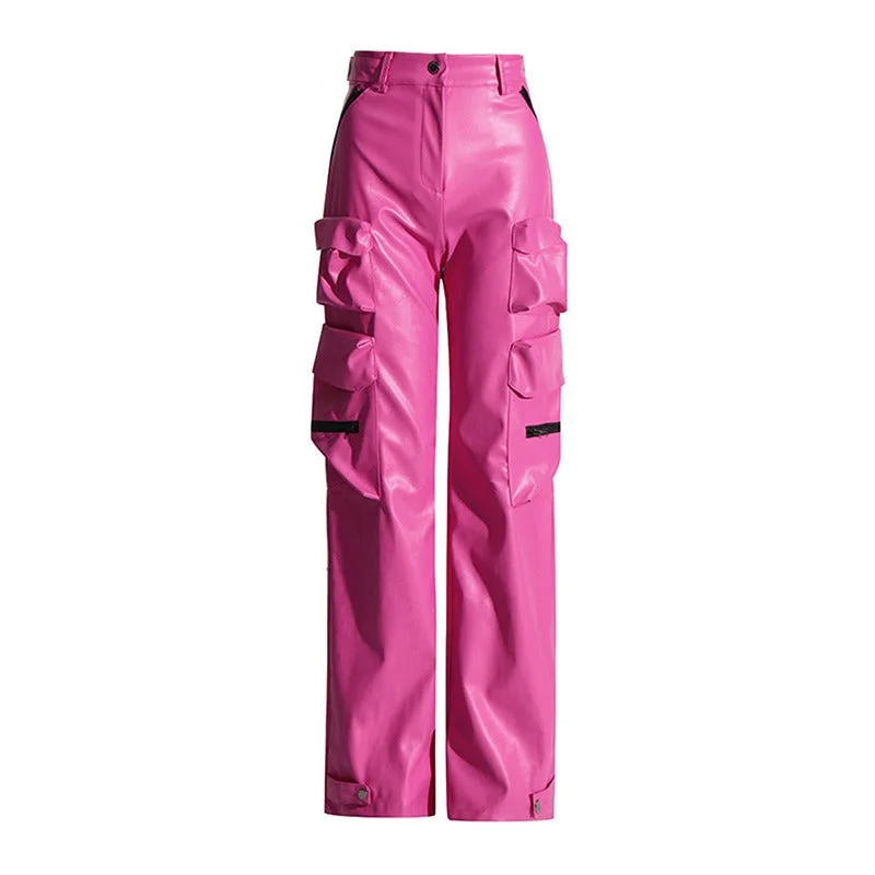 Pink High Waist PU Leather Spliced Cargo Pants Soft Cotton Pants