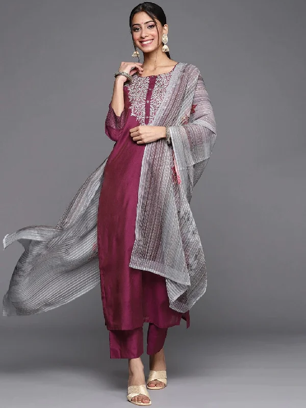 varanga women burgundy silver yoke design straight kurta trousers dupatta Trousers Denim Distressed