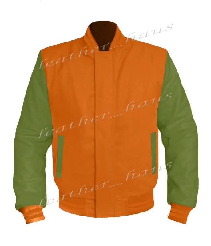 Original American Varsity Green Leather Sleeve Letterman College Baseball Women Wool Jackets #GRSL-ORSTR-BZ Zippered Jacket Buttoned Jacket Snapped Jacket