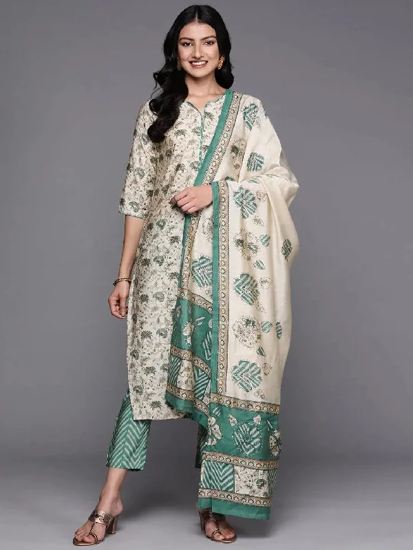 Beige Printed Silk Blend Straight Kurta With Trousers & Dupatta Trousers Low Rise Relaxed