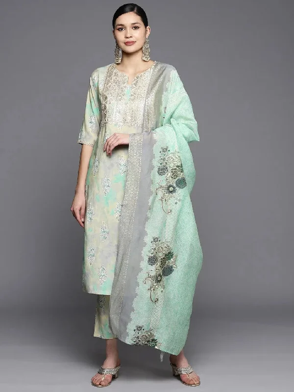 Green Yoke Design Silk Blend Straight Kurta With Trousers & Dupatta Trousers Chinos Classic