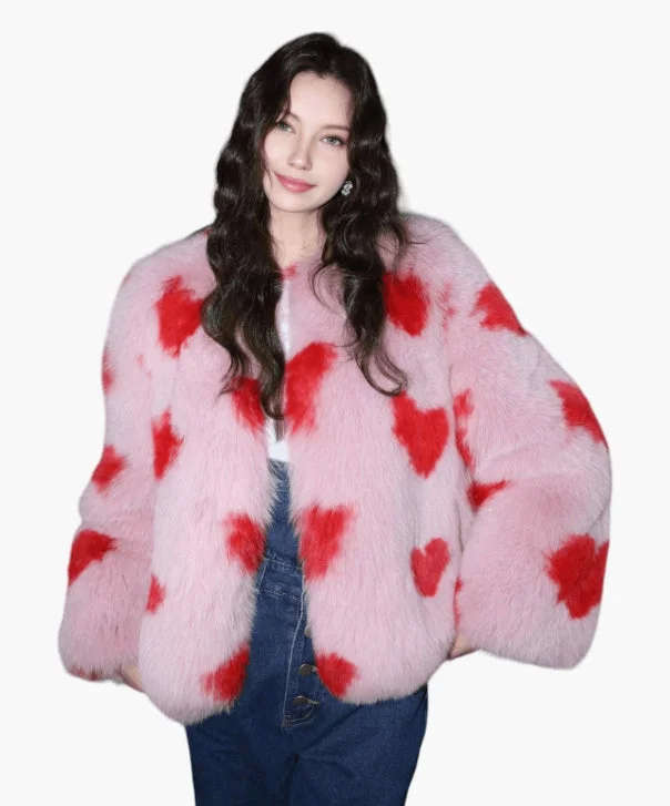 Women’s Pink & ‘Red Hearts’ dyed Fox Fur Jacket Welt Pockets Slit Pockets Flap Pockets