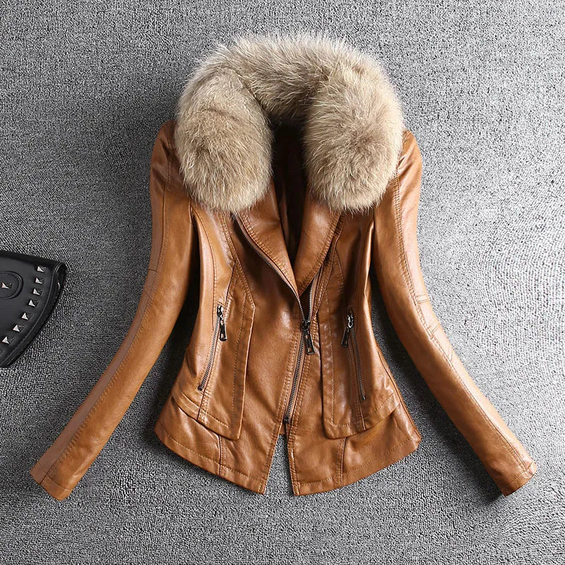 2023 Spring Autumn Real Fur Leather Jacket Women Small Coat Slim-Fit PU All-Match Casual Motorcycle Front Pockets Side Pockets Patch Pockets