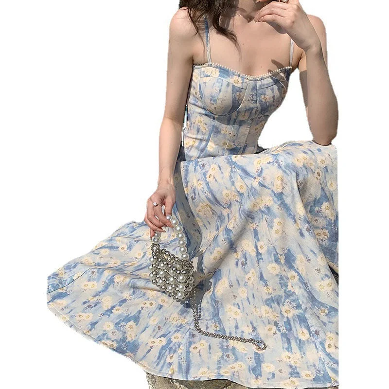 2023 Retro French Style White Blue Floral Print Sling Dress Women Corset Style Midi Robe Elegant Ladies Clothes Summer Cardigan Sequined Glittery Shiny