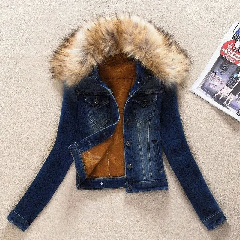 2023 Autumn Winter Fleece Denim Jacket Women Big Fur Collar Short Coat Thicken Velvet Liner Warm Tops Lady Jean Coat Outerwear Quilted Jacket Puffer Jacket Insulated Jacket