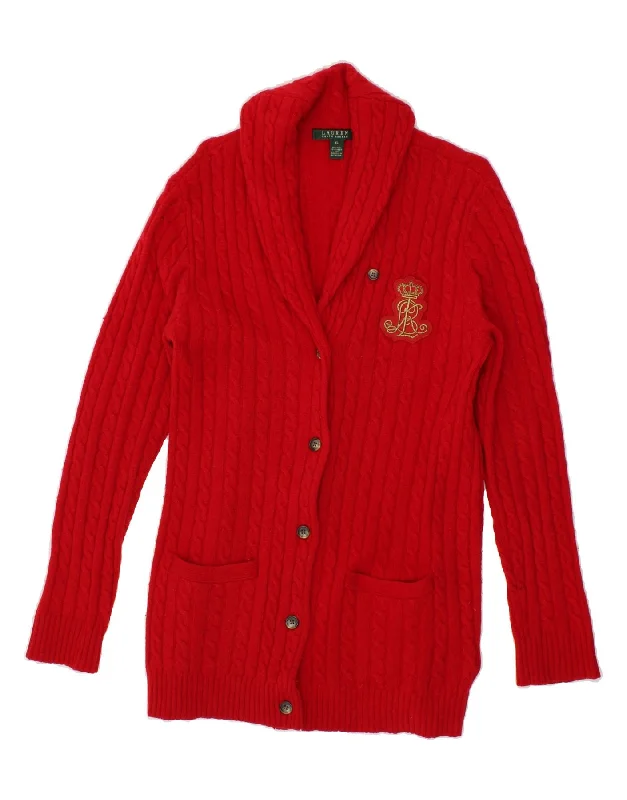 RALPH LAUREN Womens Longline Cardigan Sweater UK 18 XL Red Wool Front Pockets Side Pockets Patch Pockets