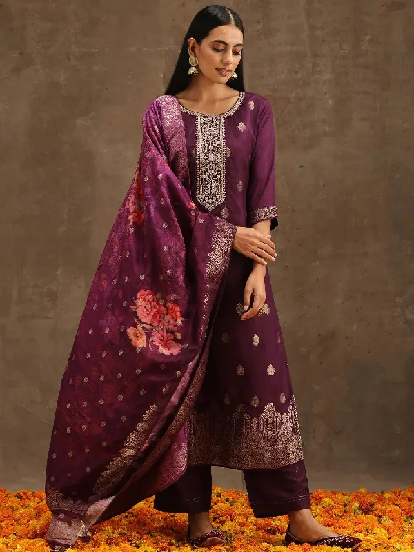 Purple Self Design Silk Straight Kurta With Trousers & Dupatta Cropped Trousers Casual Linen