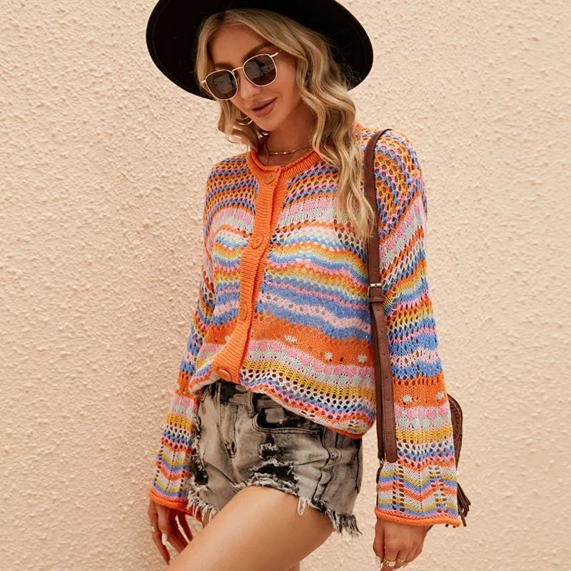 Elegant Versatile Top Long Sleeve Rainbow Striped Sweater Loose Round Neck Hollow Out Cardigan Front Pockets Side Pockets Patch Pockets