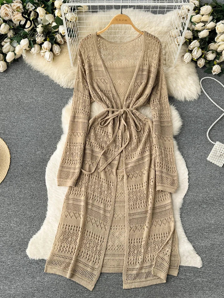 Yipinpay Bohemian Casual Summer Cardigan Dress Women Long Sleeve Hollow Out Thin Fashion Vacation Midi Long Knitted Dresses Casual Formal Business