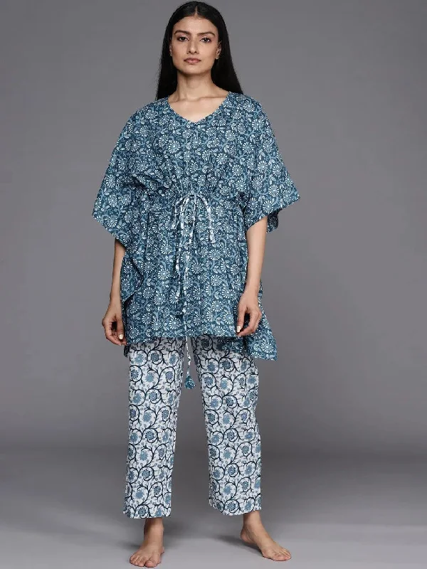 Blue Printed Cotton Kaftan Kurta With Trousers Trousers Cargo Utility