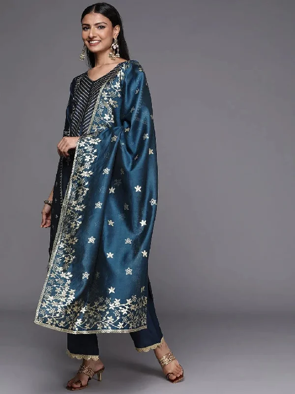 Blue Printed Silk Blend Straight Kurta With Trousers & Dupatta Trousers Corduroy Warm