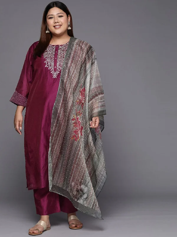 Varanga Women Plus Size Magenta Yoke Design Sequinned Chanderi Silk Kurta with Trousers & Dupatta Trousers Silk Elegant