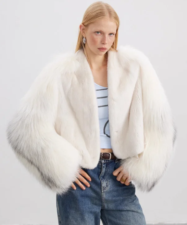 Women’s White Mink and Arctic Fox Jacket Tiered Jacket Buttoned Jacket Zippered Jacket