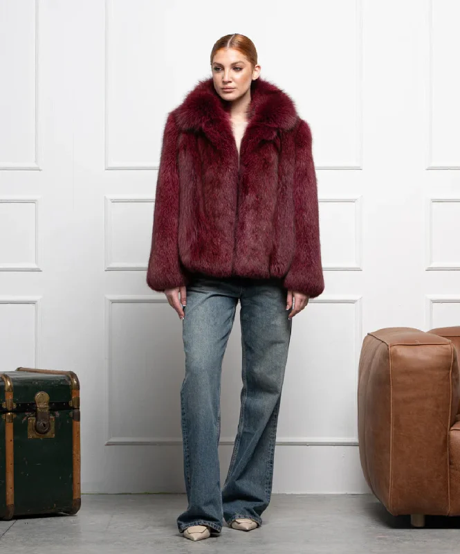 Women’s Burgundy Fox Fur Bomber Jacket Cardigan Sweater Pullover