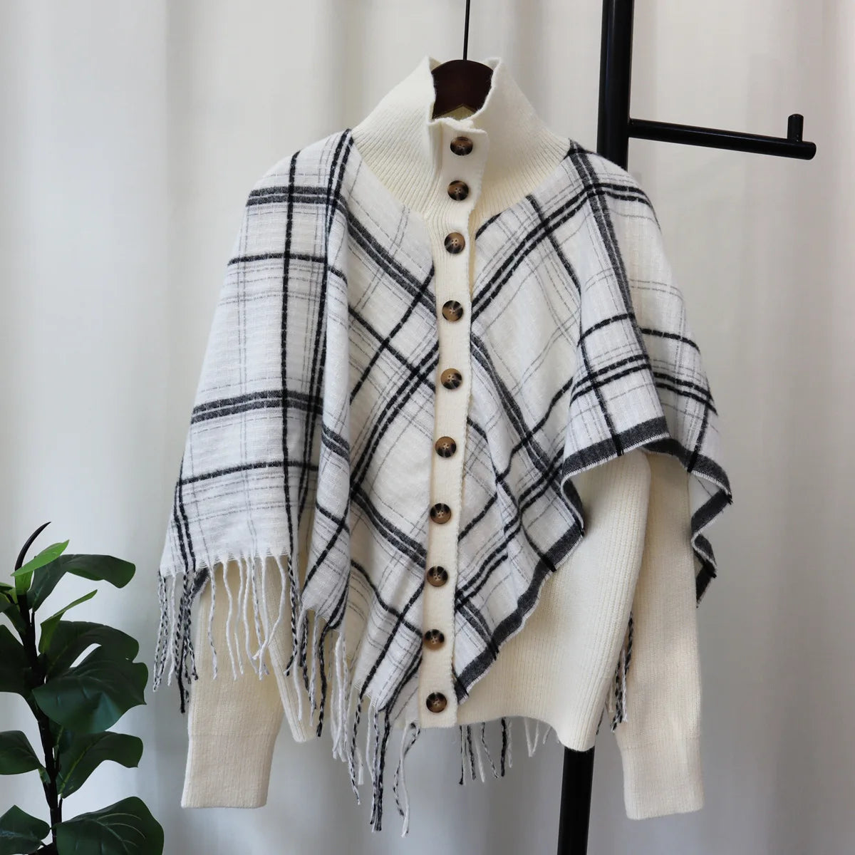 2024 Spring  ladies long sleeve mock neck elegant cardigan classic Plaid shawl coat high quality sweater coat Real Fur Shearling Chenille