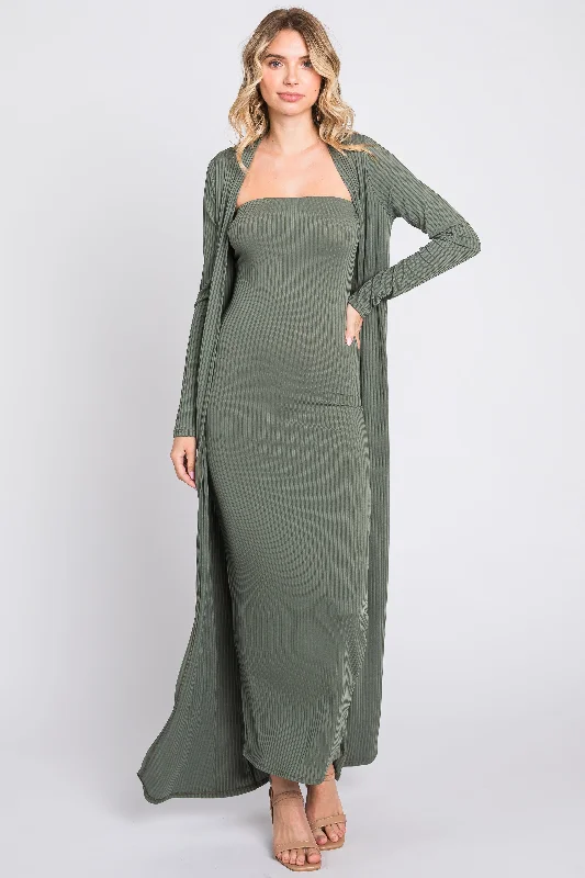 Olive Ribbed Sleeveless Dress Cardigan Set Bright Pastel Dark