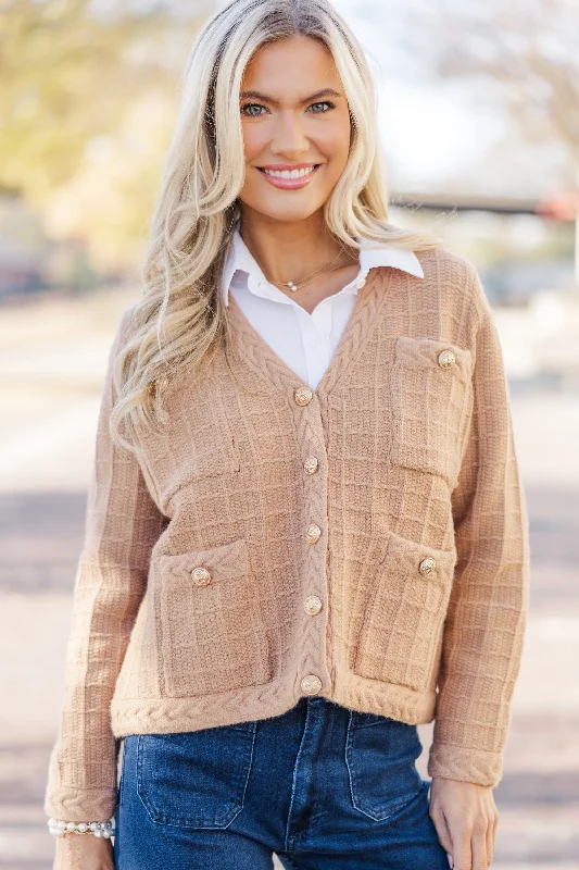 Timeless Treasures Camel Brown Textured Cardigan Welt Pockets Slit Pockets Flap Pockets