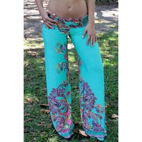 Casual Style Elastic Waist Floral Print  Wide Leg Women's Exumas Pants - Turquoise M Soft Sweatpants Style