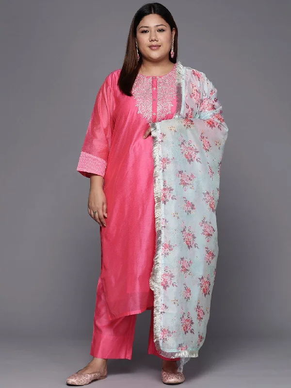 Varanga Women Plus Size Floral Yoke Design Sequinned Chanderi Silk Kurta with Trousers & Dupatta Trousers Satin Smooth