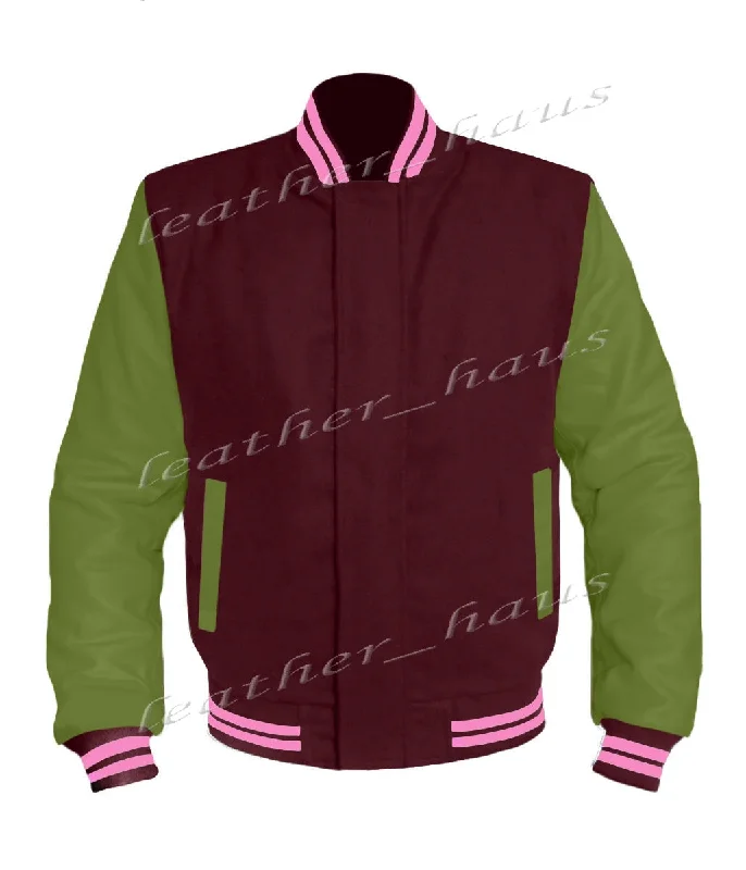 Original American Varsity Green Leather Sleeve Letterman College Baseball Women Wool Jackets #GRSL-PKSTR-BZ Hooded Jacket Caped Jacket Shawl Collar Jacket