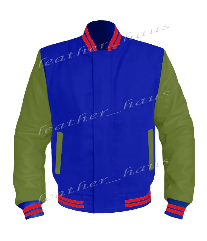 Original American Varsity Green Leather Sleeve Letterman College Baseball Women Wool Jackets #GRSL-RSTR-BZ One-Shoulder Jacket Off-the-Shoulder Jacket Asymmetrical Jacket