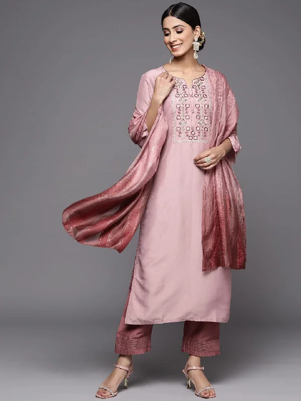 Varanga Women Mauve Floral Yoke Design Thread Work Pure Cotton Kurta with Trousers & With Dupatta Trousers Trousers Formal