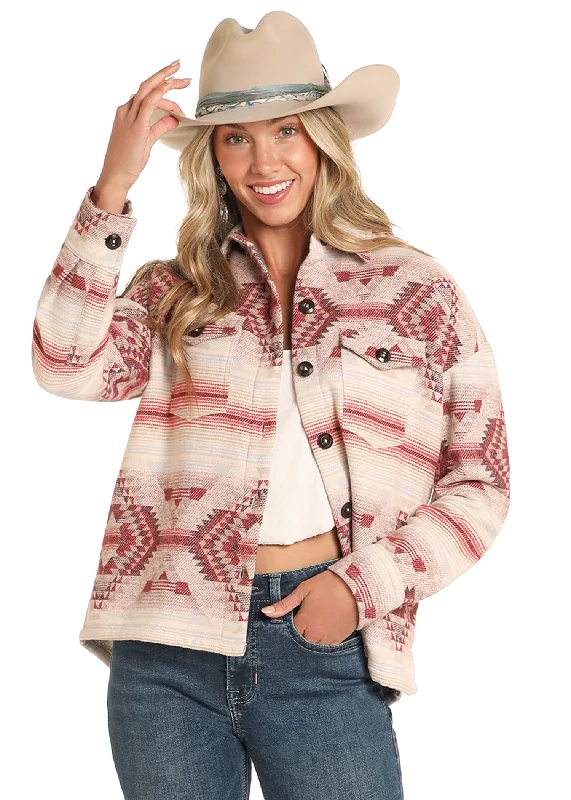 Women's Rock & Roll Aztec Sherpa Jacket Welt Pockets Slit Pockets Flap Pockets