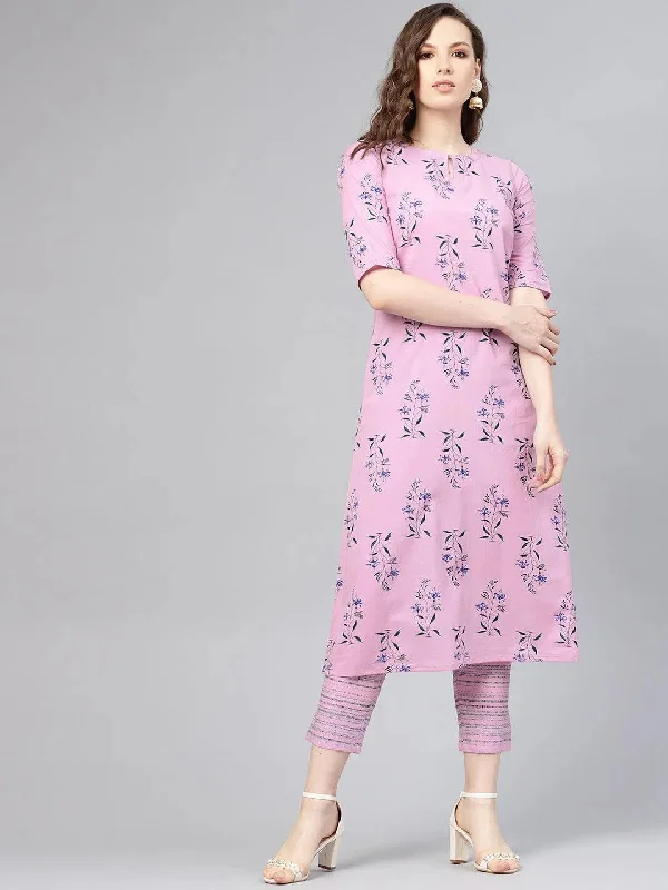 Purple Printed Cotton A-Line Kurta With Trousers Trousers chic elegant