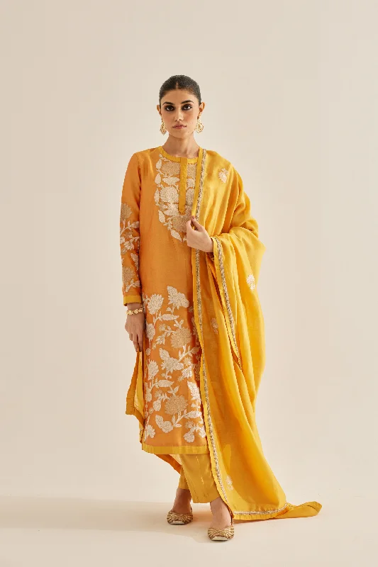 Gold Appliqued Embroidered Silk Chanderi Kurta And Dupatta With Trousers. Trousers Versatile Stylish