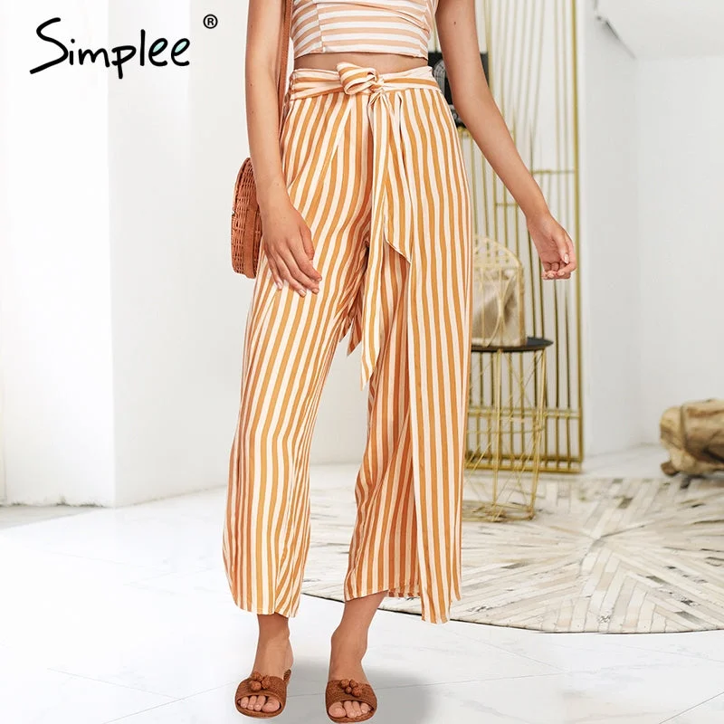 Simplee Stripe Bow sash pants women High waist front split loose trouser  summer wide leg pants 2018 Trousers luxurious premium