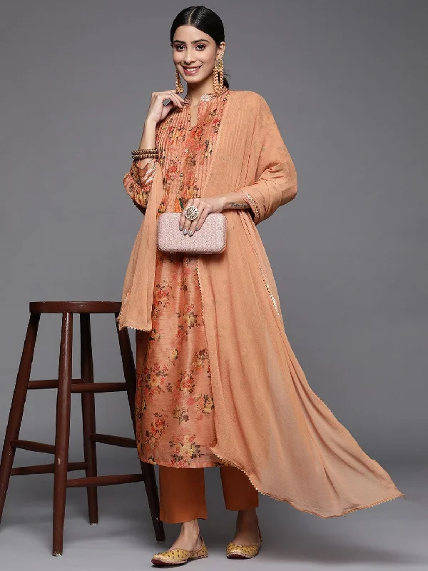 Varanga Women Peach Floral Kurta With Manderian Collar With Tonal Trouser & Tonal Dupatta Trousers fashionable trendy