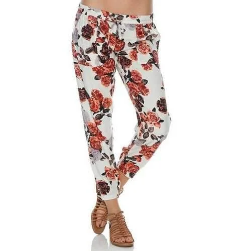 Casual Style Floral Print Tie-Up Pants For Women - White S Cozy Lounge Pants