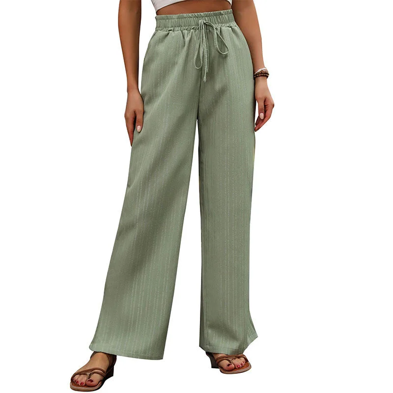 Mint Green High Rise Smocked Waistband Wide Leg Pants Elegant Silk Pants