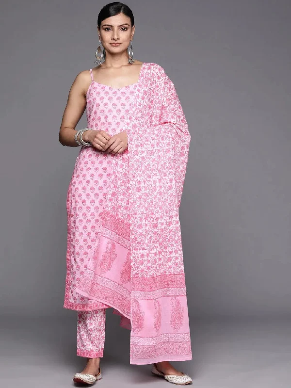 Pink Printed Cotton Straight Kurta With Trousers & Dupatta Trousers practical easy-care