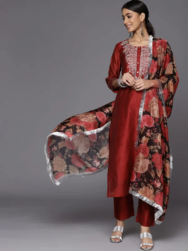 Varanga Women Red Embroidered Kurta With Tonal Trouser And Printed Dupattta Trousers Fleece Cozy