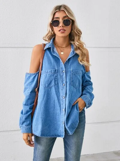 Cold Shoulder Pocketed Button Up Denim Jacket Fleece Jacket Down Jacket Feather Jacket