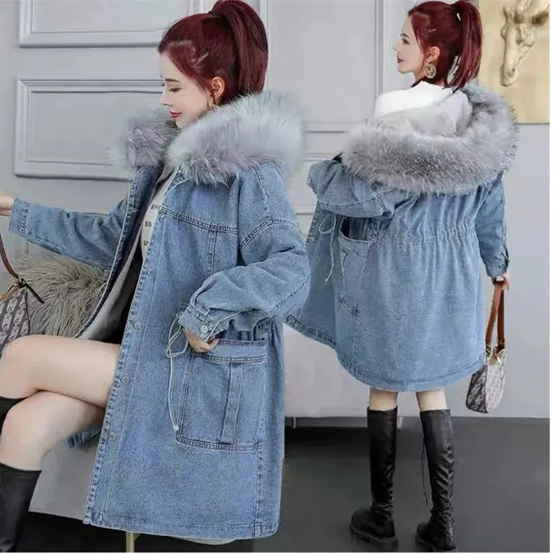 New Fur collar Hooded Fleece Denim Jacket Women's 2023 Winter Loose Thicken Jeans Jackets Female Warm Parka Long Casual Overcoat Embroidered Jacket Appliqued Jacket Beaded Jacket