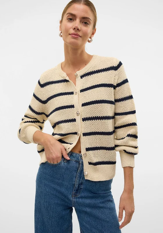 Vero Moda Amazing Striped Knit Cardigan, Cream Houndstooth Herringbone Solid