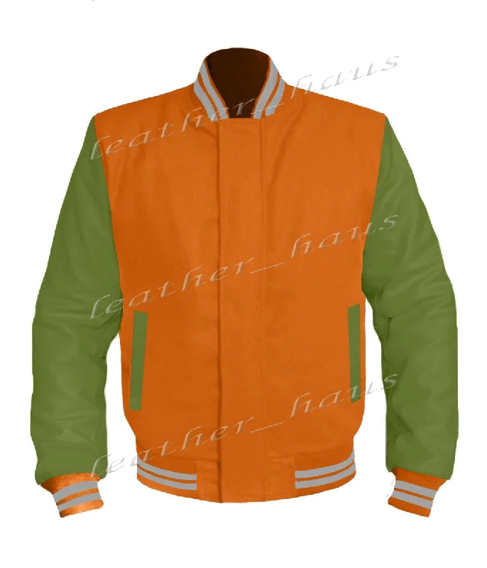 Original American Varsity Green Leather Sleeve Letterman College Baseball Women Wool Jackets #GRSL-GYSTR-BZ Fitted Jacket Loose Jacket Oversized Jacket