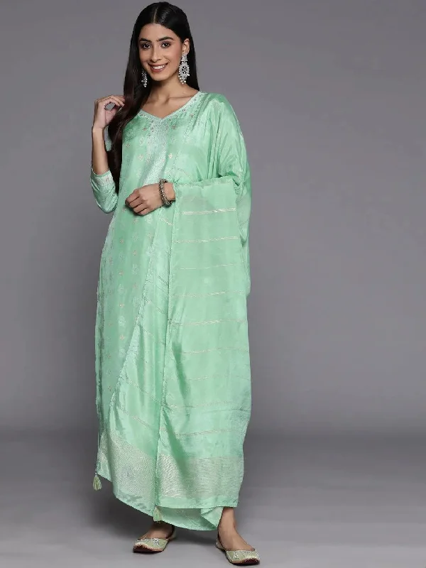 Green Self Design Silk Blend Straight Kurta With Trousers & Dupatta Trousers High Rise Slim Fit