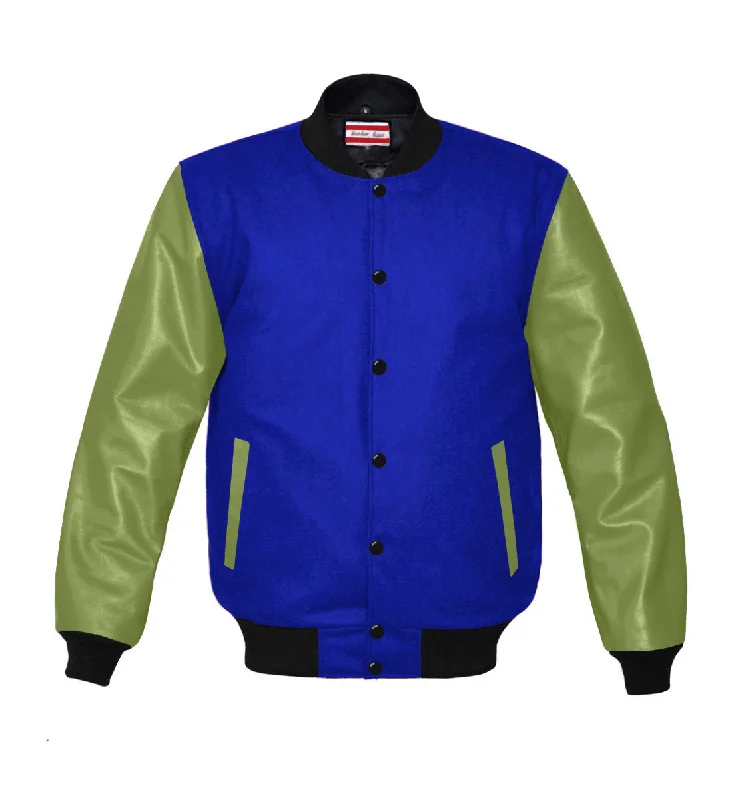 Original American Varsity Green Leather Sleeve Letterman College Baseball Women Wool Jackets #GRSL-BSTR-BB-BBAND Zip Front Button Front Snap Front