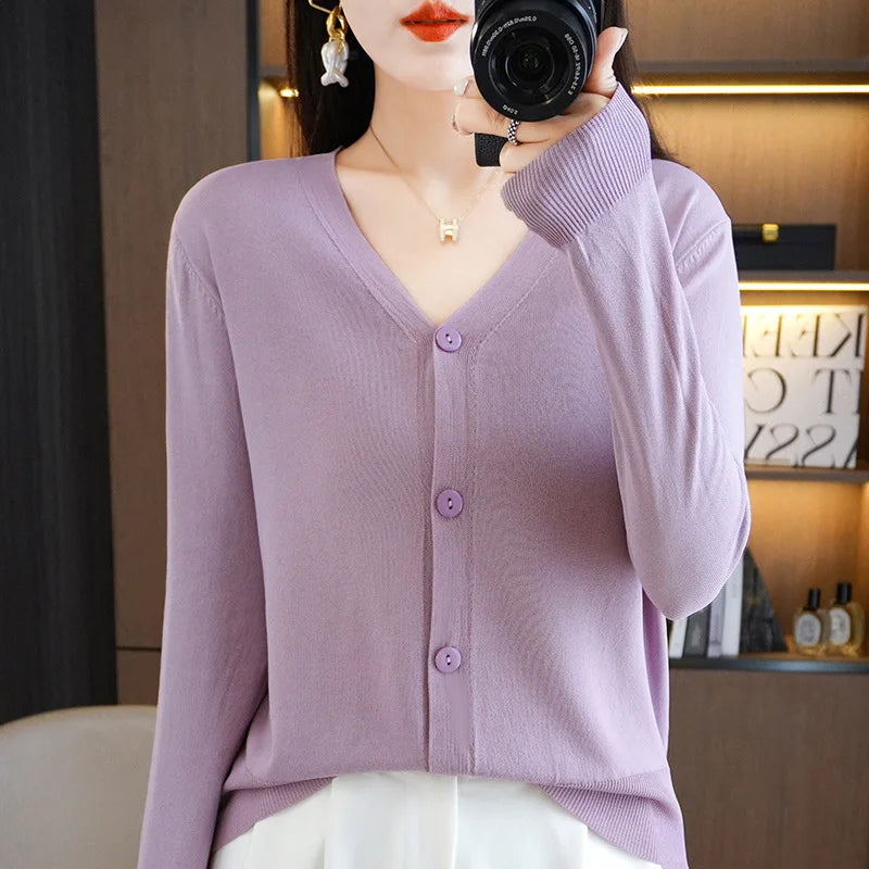 Thin Solid V-Neck Ice Silk Knitted Long Sleeve Cardigan Fashion V-Neck Top for Women Button Cardigan Zip Cardigan Pullover Cardigan