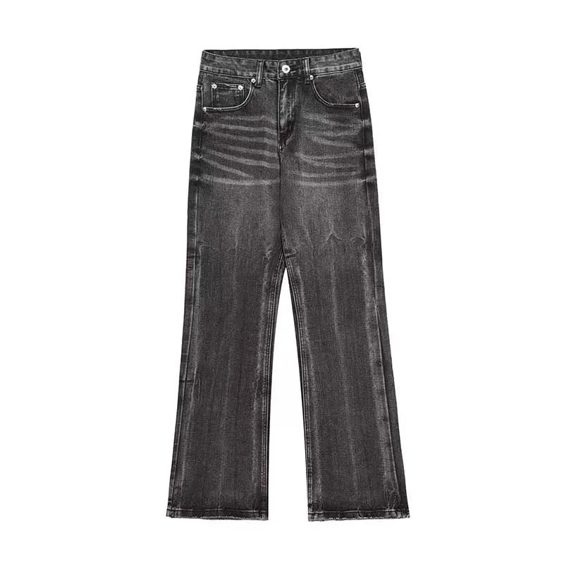 American High Street Vintage Water Ripple Black Gray Washed Distressed Menswear Fashion Brand Design Sense Straight-Leg Denim Trousers Trousers Recommended Stylist