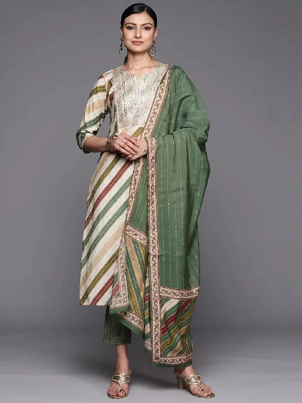 Multicoloured Yoke Design Silk Blend Straight Kurta With Trousers & Dupatta Trousers Gym Athletic