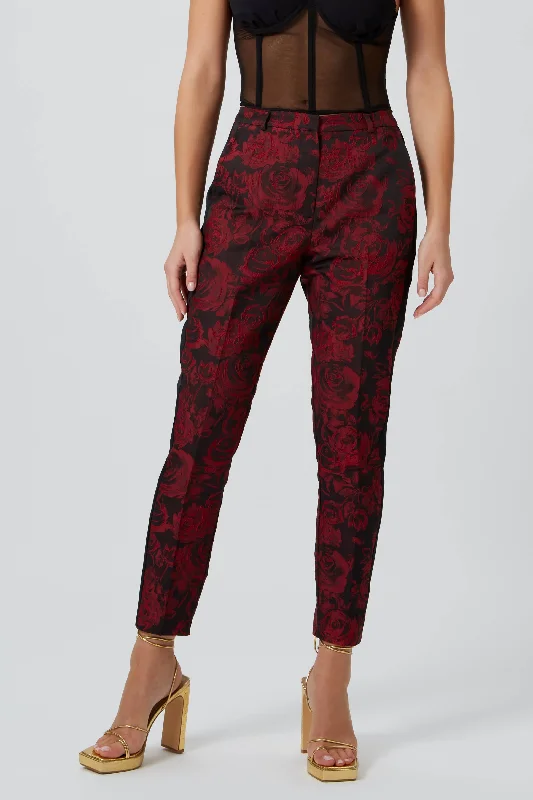 Ersilia Skinny Fit Red Floral Trousers Trousers Fall Fleece