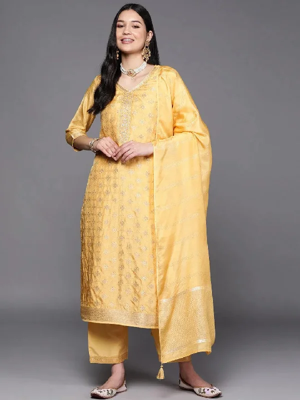 Yellow Embroidered Silk Blend Straight Kurta With Trousers & Dupatta Trousers Formal Black