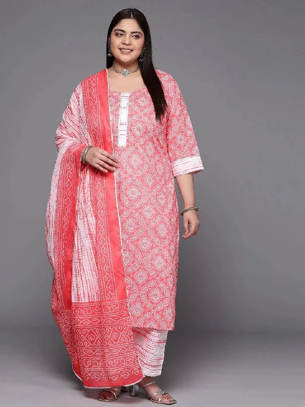 Plus Size Peach Printed Cotton Straight Kurta With Trousers & Dupatta Trousers fashionable chic